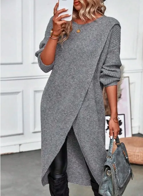 

2026 New Women's Long Knitted Sweater Dress with Belt, Spring and Autumn Casual Office Clothing, Commuting Fashion