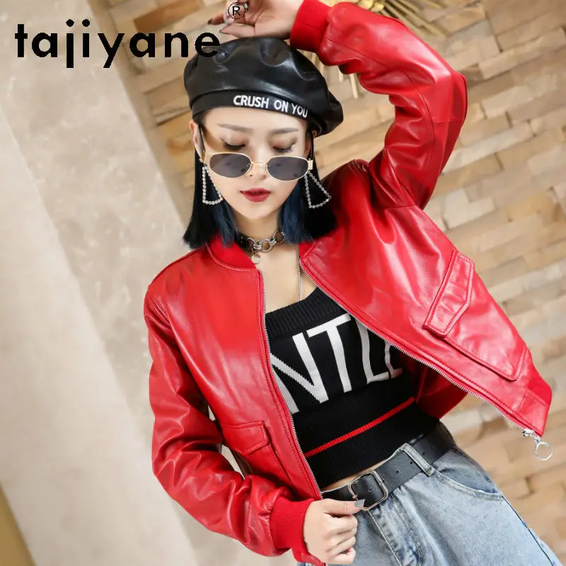 TAJIYANE Sheepskin Genuine Leather Jacket Woman Stand Collar Womens Winter Coats Cropped Jacket Leather Outerwear Slim Fit 자켓