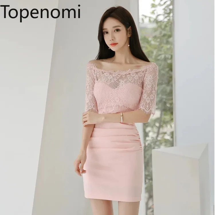 Topenomi Korean Sexy Boat Neck Lace Spliced Party Short Dresses Women Vestidos Summer Temperament Slim Fit Wrapped Evening Dress