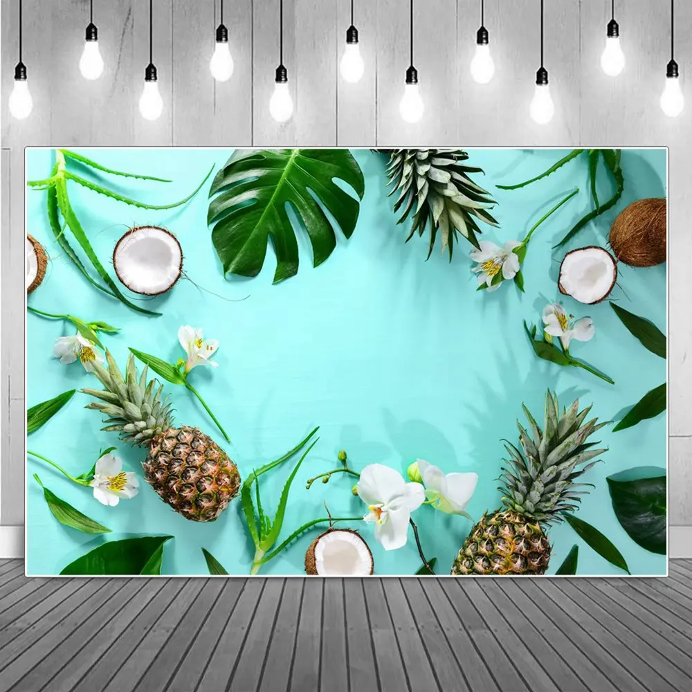 

Jungle Leaves Ananas Coconut Flat Lay Birthday Decoration Photography Backdrops Custom Summer Aloe Photo Booth Party Backgrounds