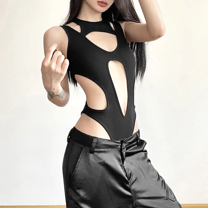 Women's Summer Bodysuit Solid Sexy Cutout Mesh Slim Fit One Piece Jumpsuit