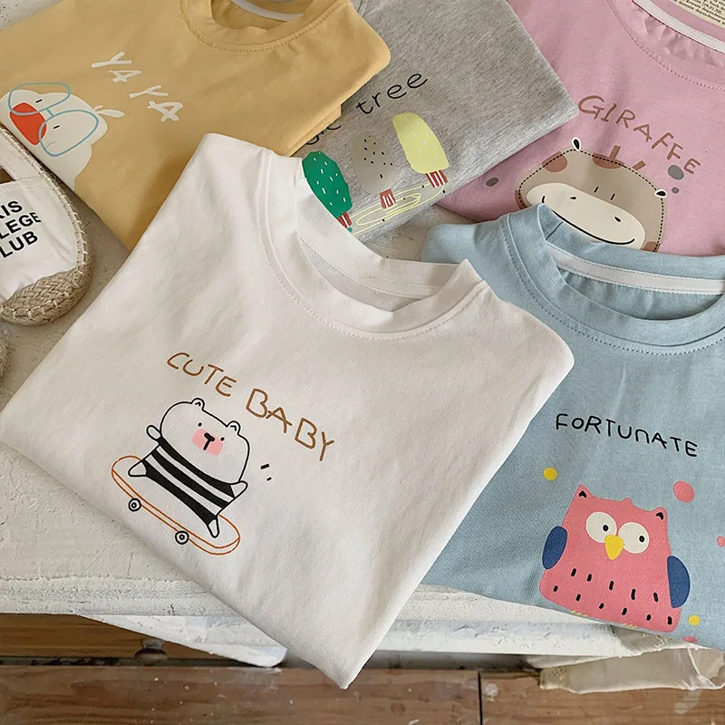 Children's Long Sleeve T-shirt Cartoon Printed Cotton Bottom Shirt Korean Boys Girls Round Neck Loose Pullover 2-7Years Old