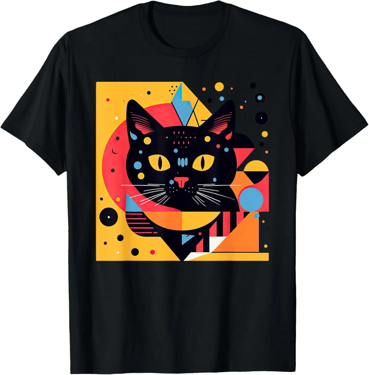 

Синяя, оранжевая, желтая футболка с геометрическим рисунком Memphis Aesthetic Cat