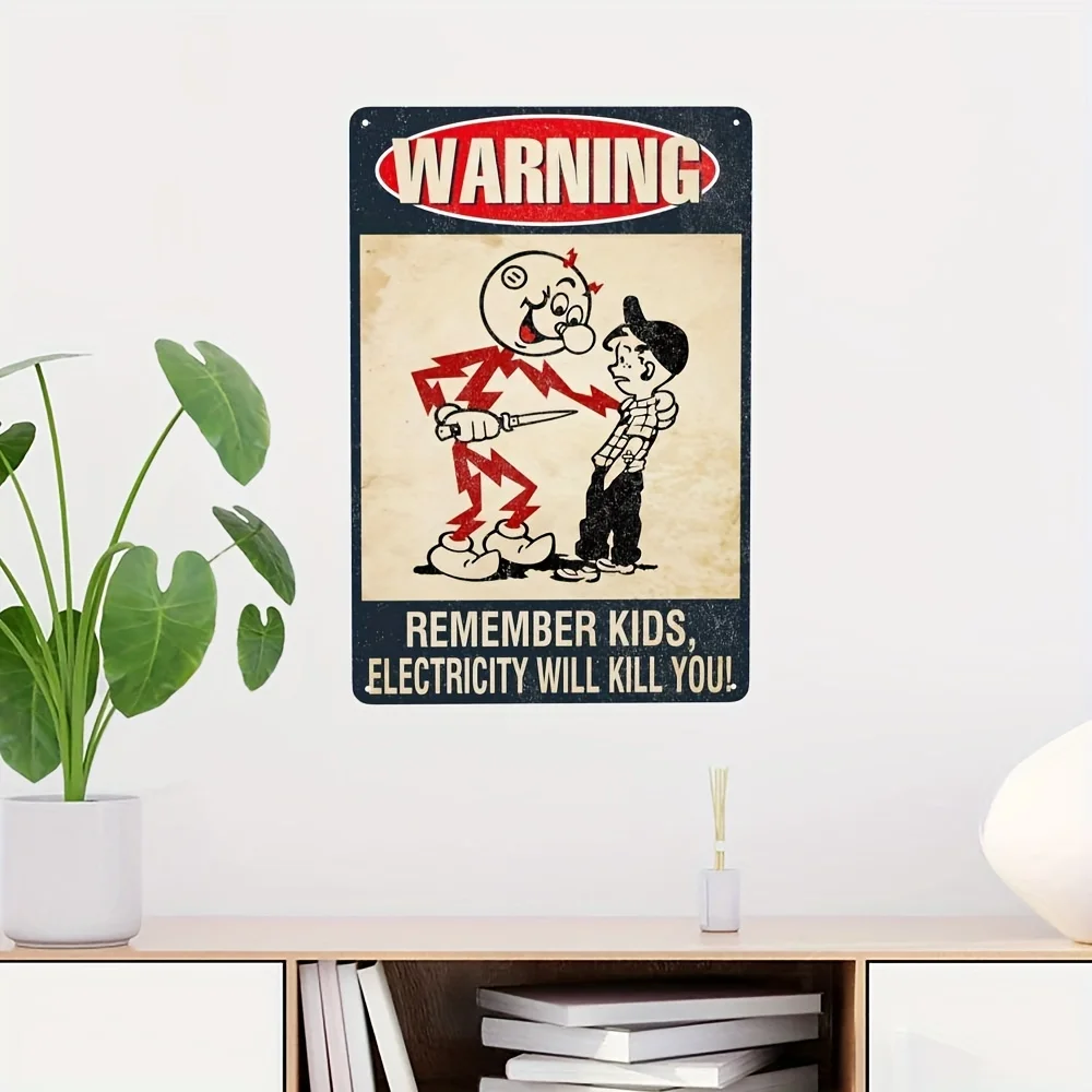 HD Metal Tin Sign Vintage Funny Electricity Warning Wall Decor Retro Reddy Kilowatt Sign for Garage Workshop Man Cave Decor