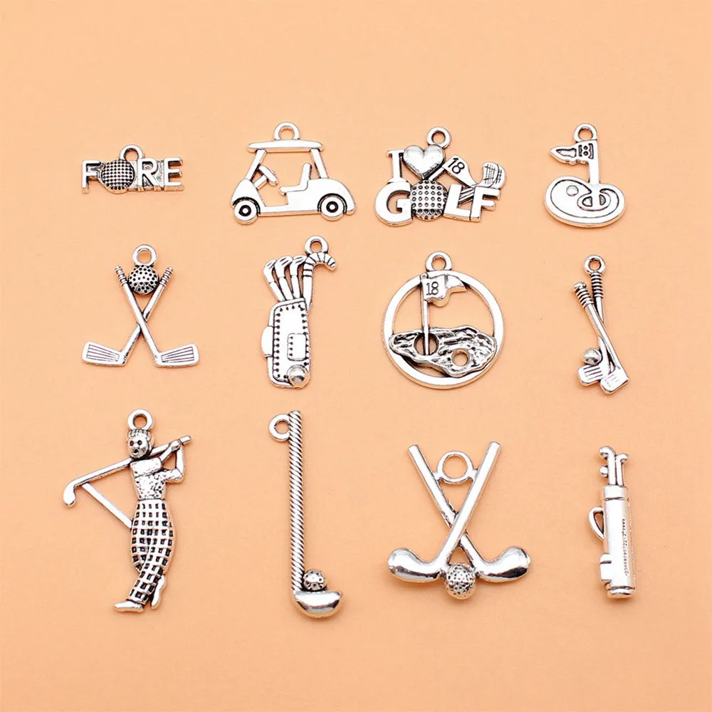 12pcs/lot Antique Silver Color Golf Charms Collection For Jewelry Making Women Accessories