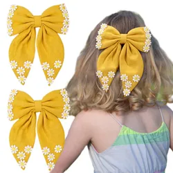 ncmama Fashion Daisy Bow Hair Clip Embroidered Bow Hairpin for Women Girl Cute Large Bowknote Barrettes Boutique Hair Accessorie