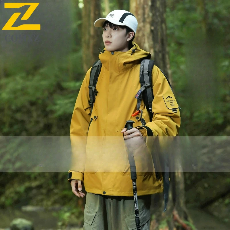 

COMXZ Men Windbreaker Jacket Multi Pocket Windproof Waterproof Hooded Cycling Adventure Trench Coat Camping Lightweight Coat