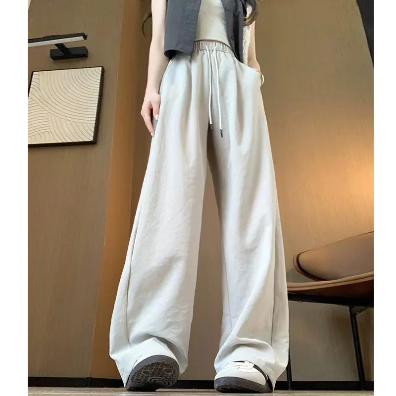 

White Sports Wide-Leg Pants Summer Women's Drooping Straight Loose Casual Pants Quick-Drying Ice Silk Banana Satin Machete Pants