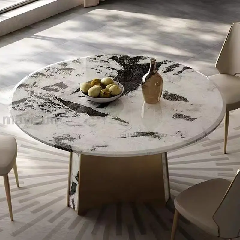 Mavisun Luxurious Dining Table Circle Delicate Texture Marble Desktop Home Decore Stainless Steel Basse Rounded Kitchen Table