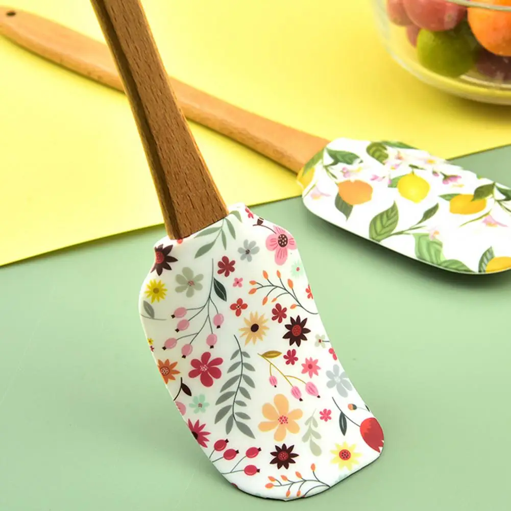 30.5cm Silicone Cake Scraper Wooden Handle Colorful Dessert Cream Spatula Flower Theme Split Butter Tools Household Supplies