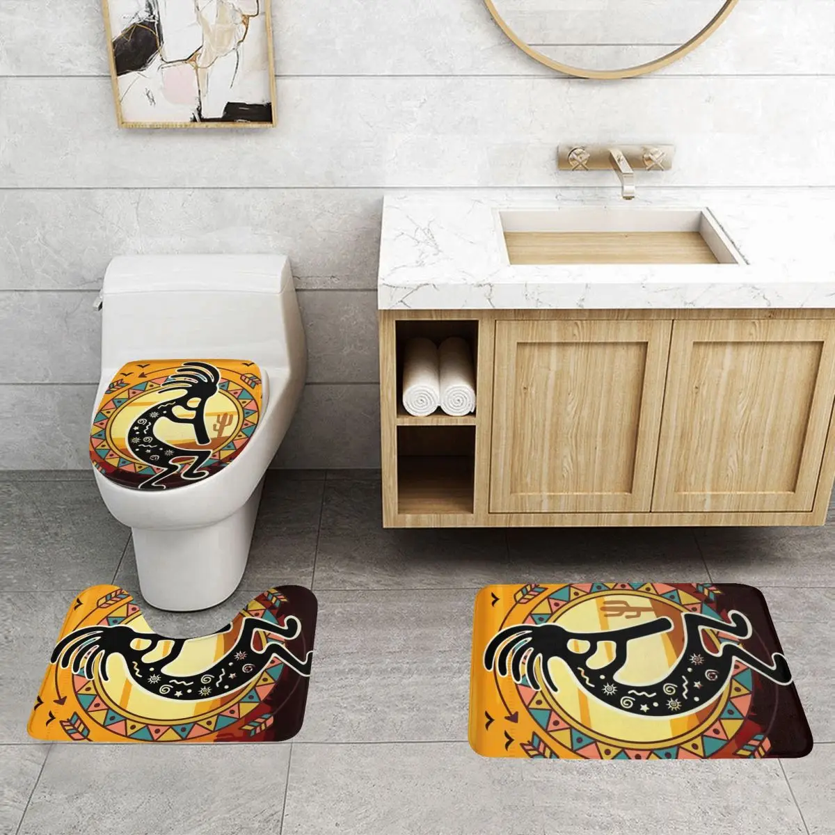 Custom [Kokopelli The Flute Player 3 Pieces Bathroom Rugs Absorbent Non Slip Aboriginal Tribal Pattern Toilet Bath Mat Sets