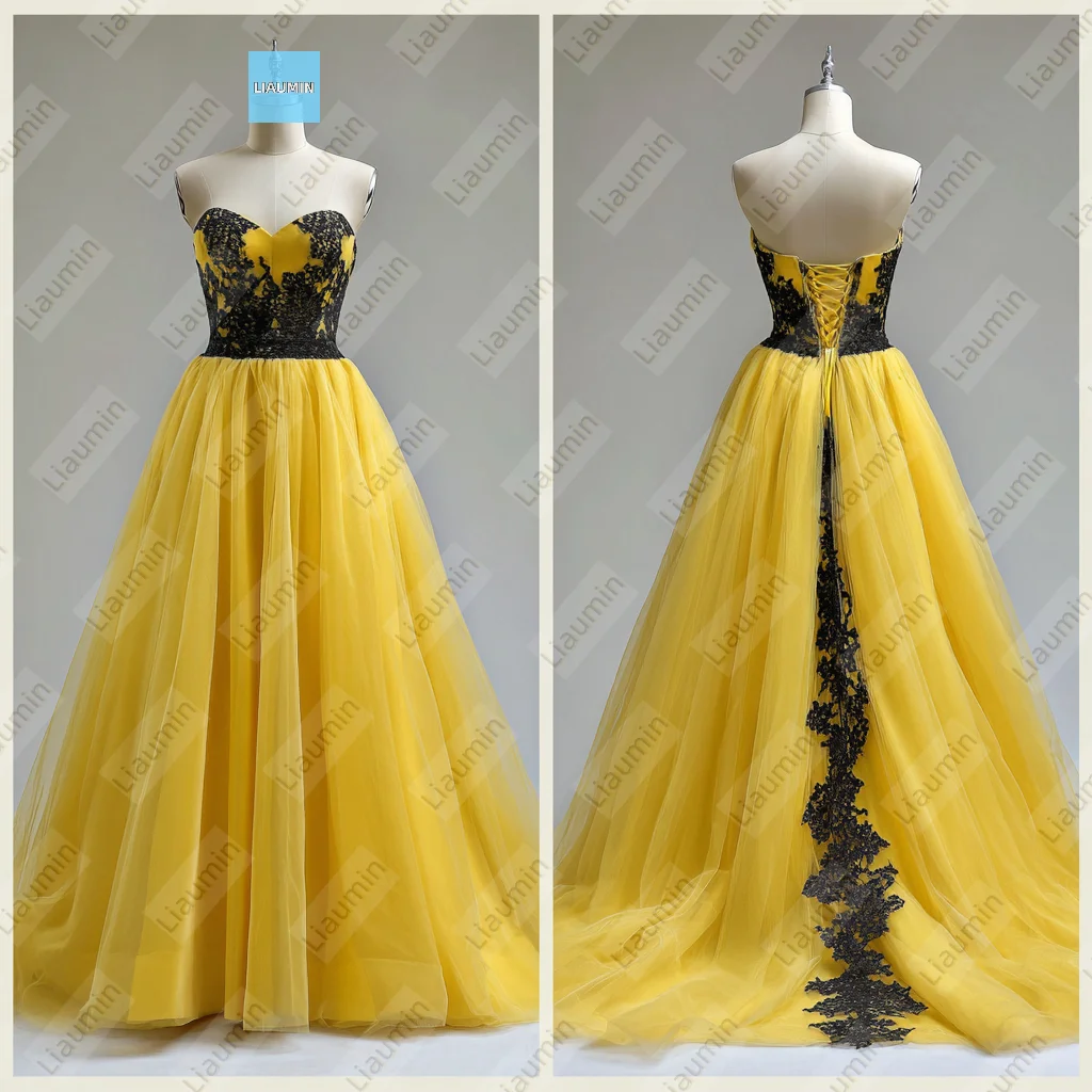 

Simple Yellow Tulle Black Lace Applique Strapless Floor Length Evening Prom Wedding Formal Dress Customized Hand Made A7-1.92