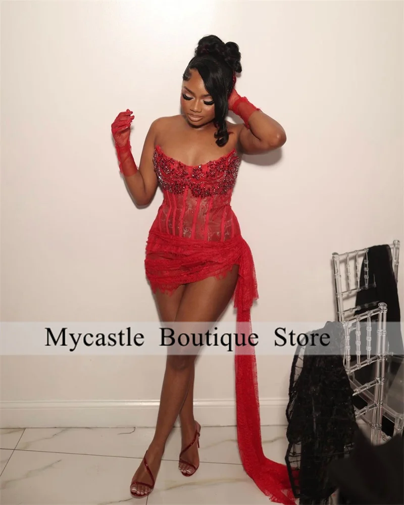 Sexy Red Lace Beaded Short Prom Dresses Black Girls 2024 With Gloves Elegant Mini Cocktail Dresses Birthday Party Gowns