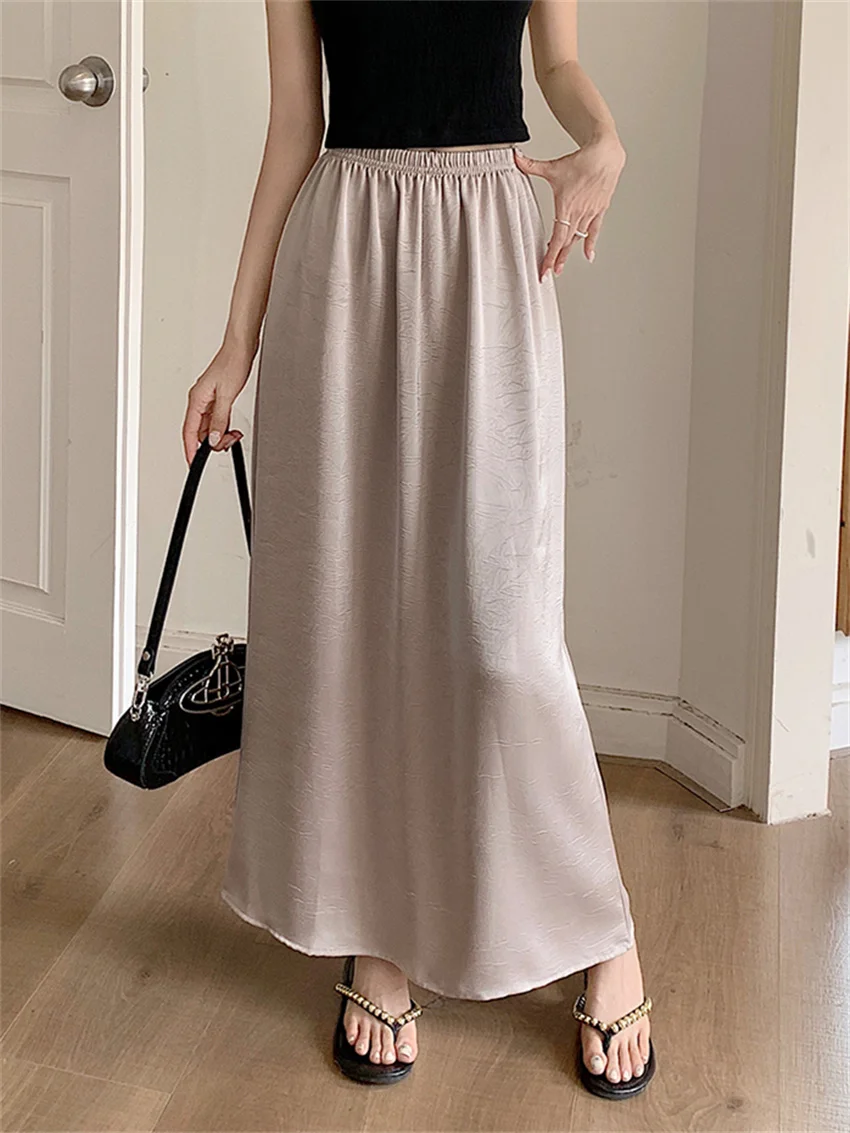 

Alien Kitty 2023 Elastic Waist Maxi Skirts Women A-Line Gentle Work Wear Satin Chic Summer OL Office Lady Daily Slim New Loose