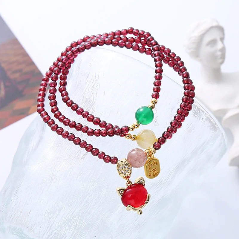 Garnet Simple Lucky Women's Bracelet Natural Crystal Fox Pendant Beaded Retro Multi-layer Fashion All-match Girlfriend Jewelry