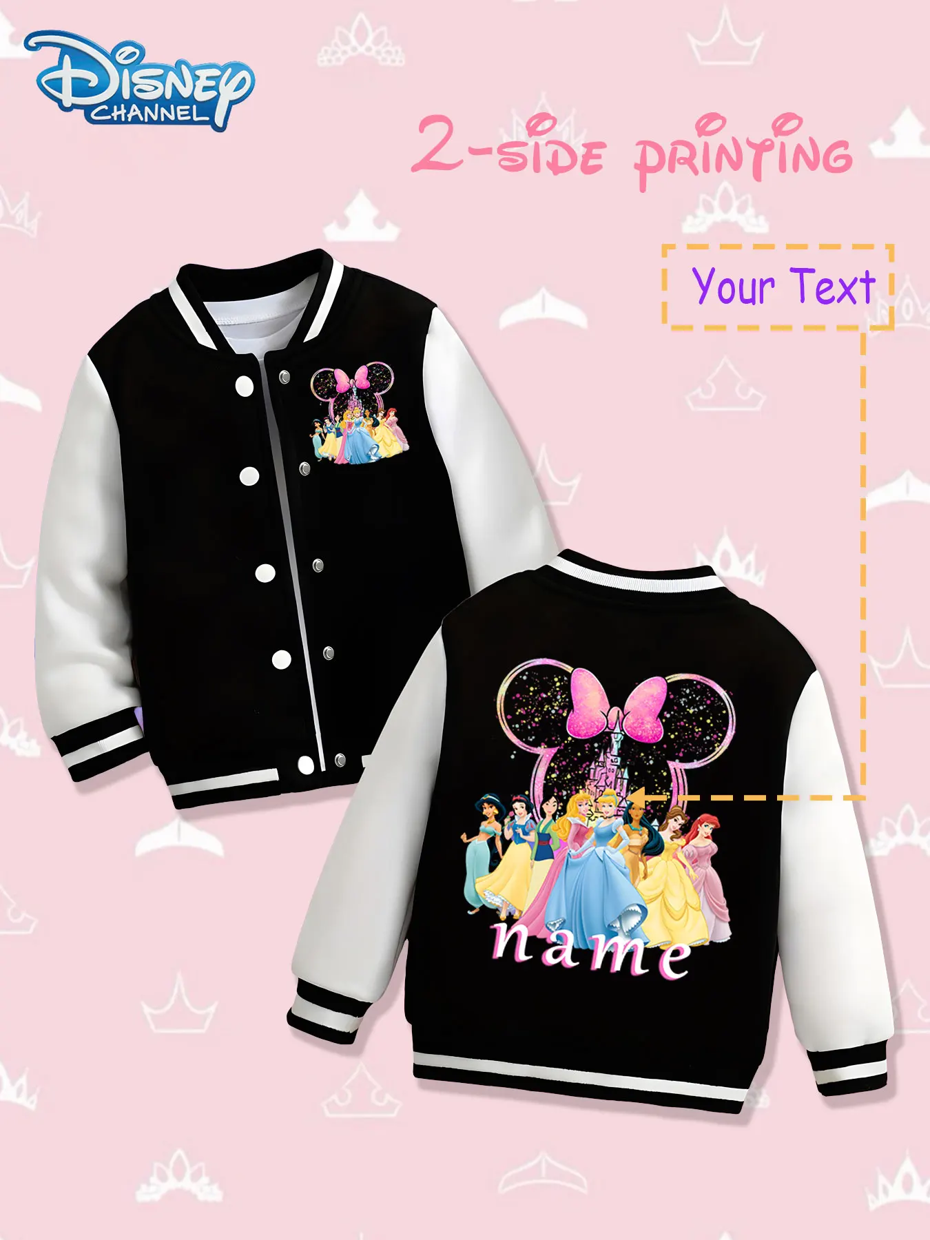 

MINISO Disney Princess Collection (Minnie Head) Girls' Baseball Jacket - Double-sided dreamy print, warm and rich in autumn and
