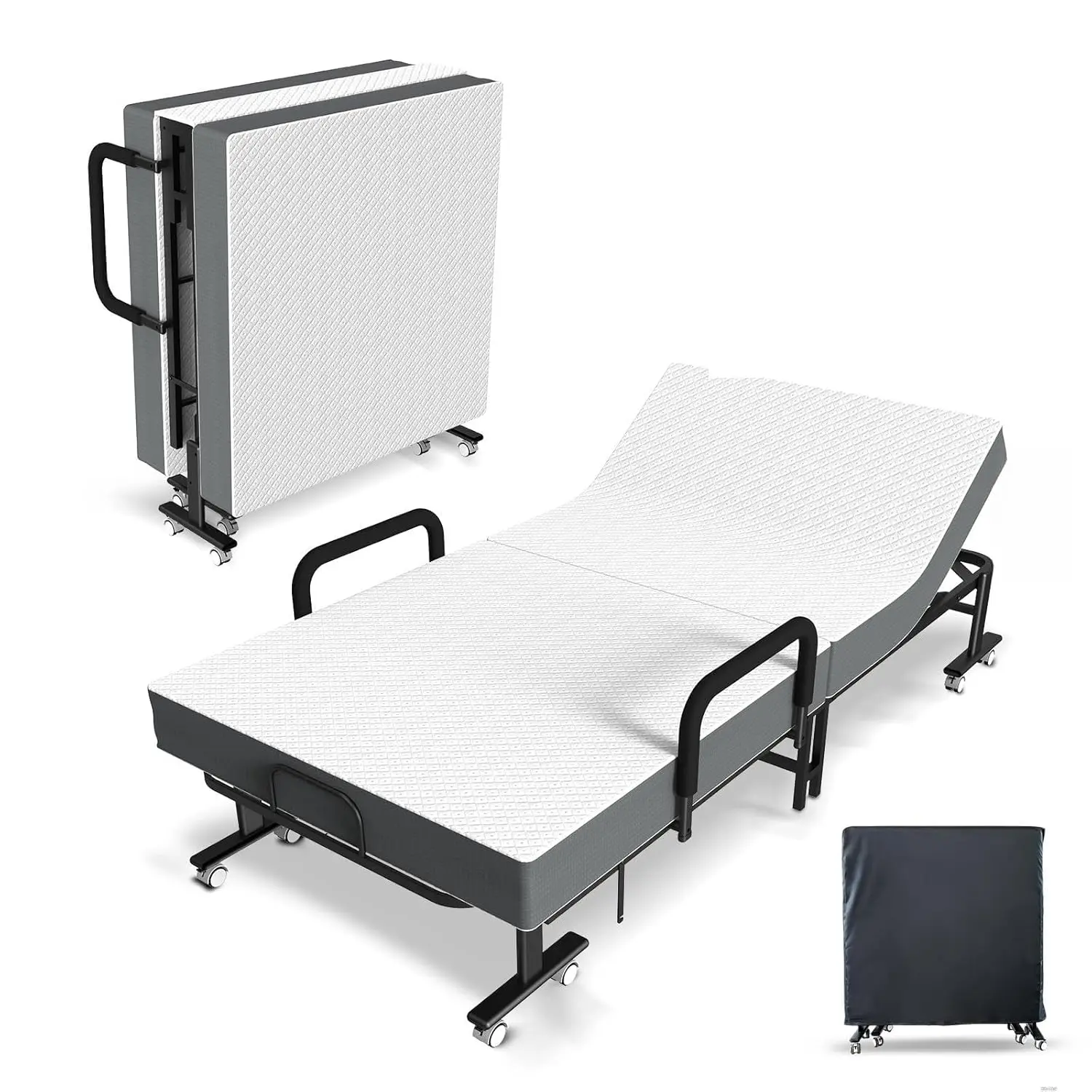 

Metal Folding Guest Bed 6-Position Adjustable Backrest with Mattress Office Nap Lunch Break Space-Saving Storage, Customized