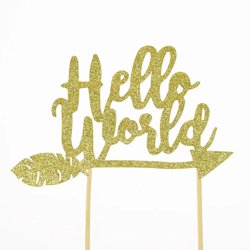 Hello World Cake Topper Glitter Gold Age Cupcake Toppers Flags Kids Happy Birthday Wedding Party Baby Shower DIY Decoration New