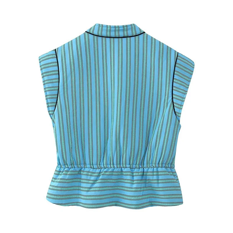 Nine Zar Women's Color Block Collarless Sleeveless Single Button Cotton Vest Top Stripe Pattern Fashionable Casual Wear