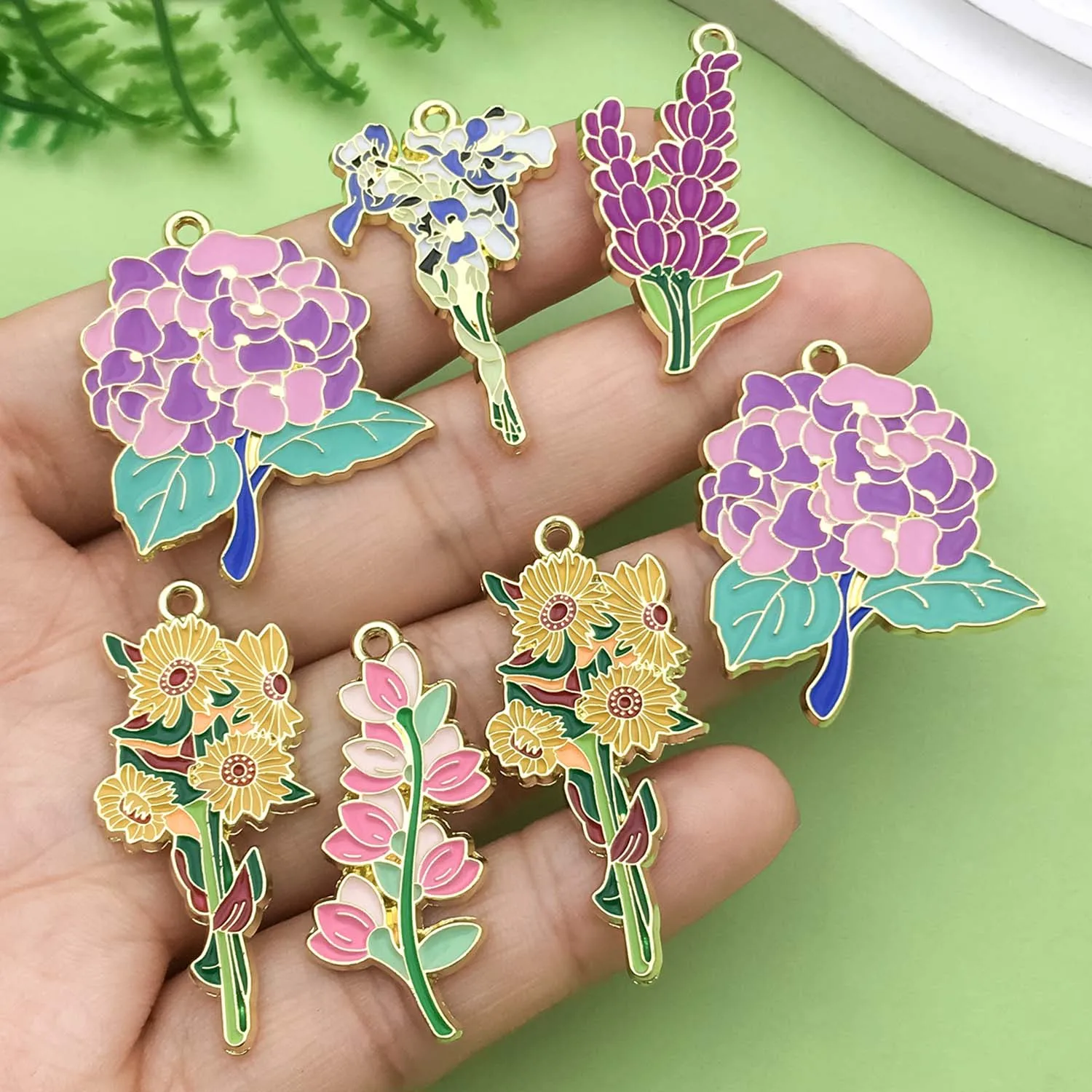 10pcs Colorful Enamel Plant Flower Charms Alloy Sunflower Iris Lily Flower Design Pendants for DIY Jewelry Making Accessories