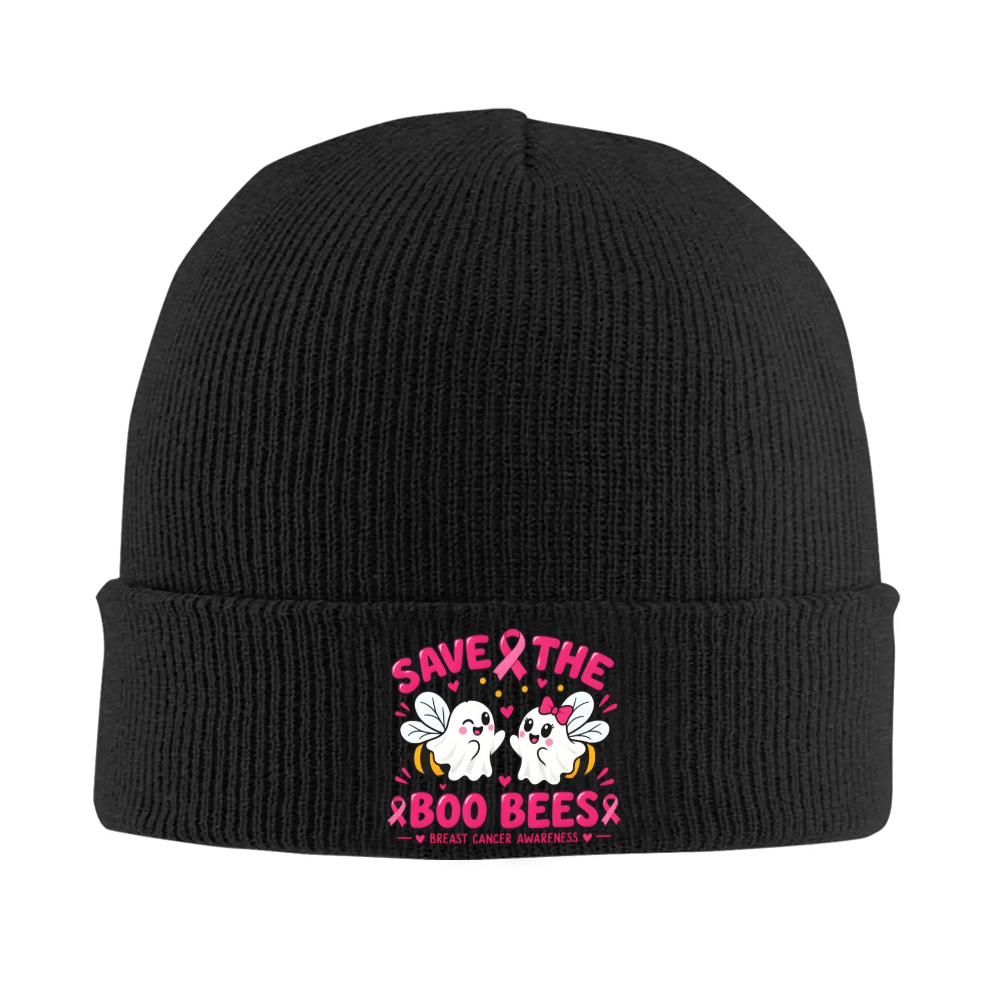 Save The Boo Bees Breast Cancer Ghost Bees Beanie Hats  Bonnet Hats Adult Unisex Cool Hippie Knitting Hat Spring Elastic Caps