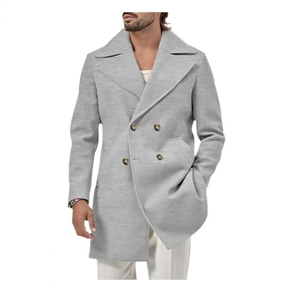 Double-breasted Coat with Pockets Men's Double-breasted Mid Length Overcoat with Warm Pockets Thick Solid Color Winter for Fall