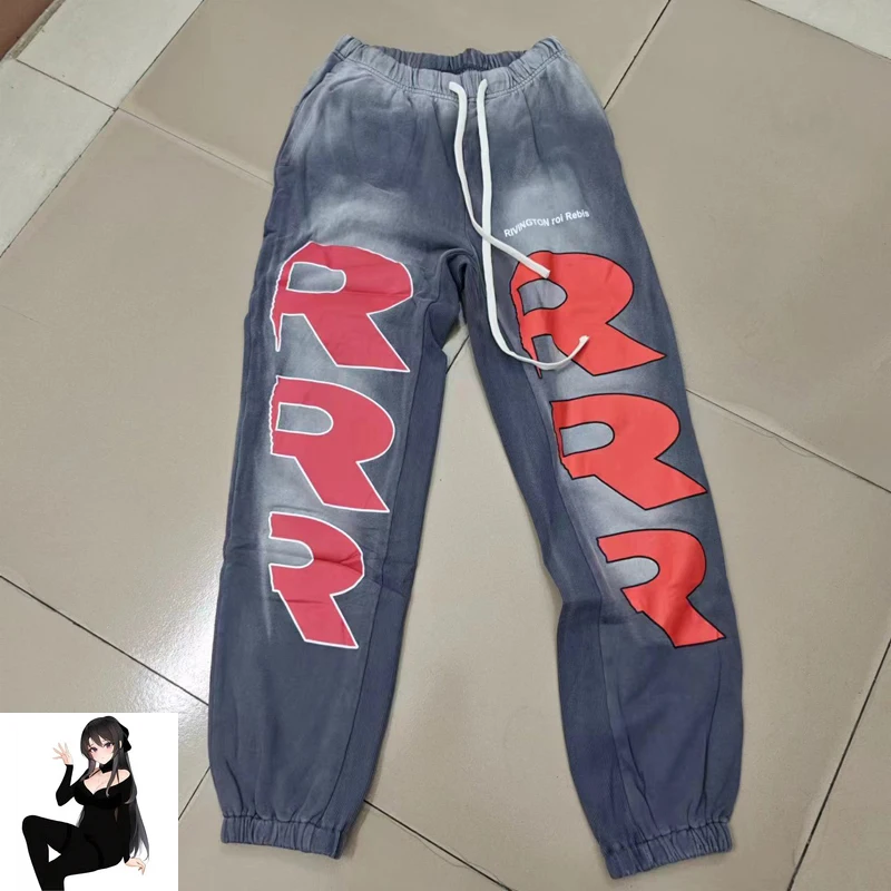 

Washed RRR123 Track Pants Loose Heavy Fabric Sweatpants Men Women High Quality Casual Fit Drawstring Jogger Trousers