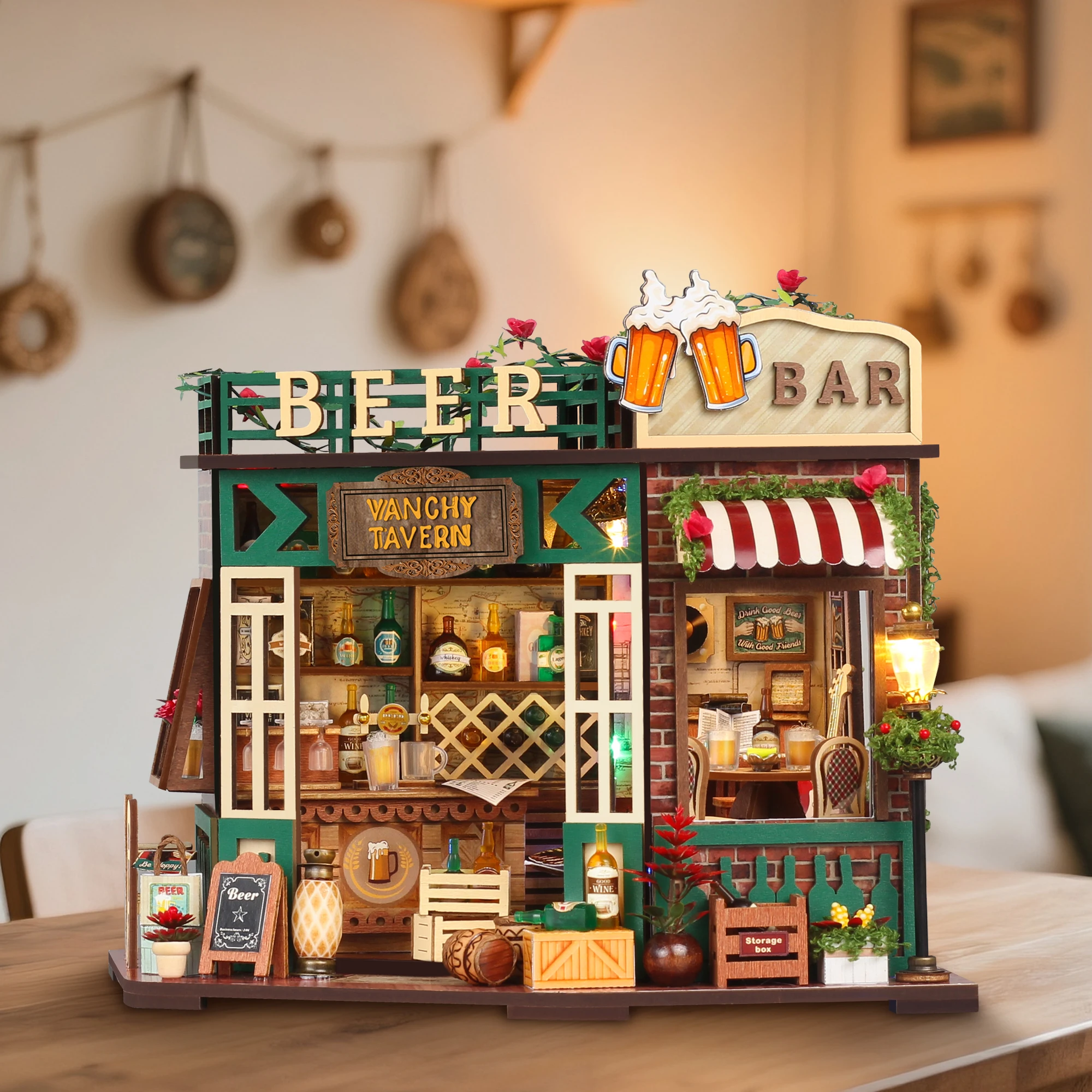 DIY Holz Vanchy Tavern Casa Puppenhäuser Miniaturmodellbausätze Bar Puppenhaus mit Möbeln 3D-Puzzle für Freunde Geburtstagsgeschenke