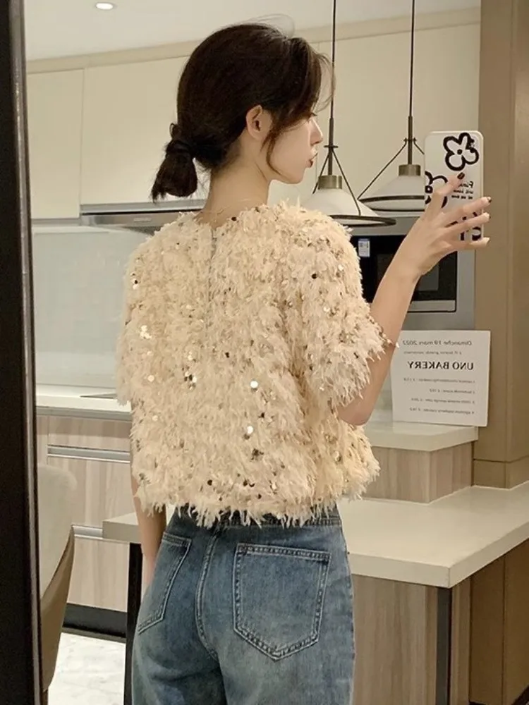 High Street New Summer Women t-shirt manica corta vestibilitร ampia Casual o-collo Top corto lucido con paillettes nappa t-shirt moda donna