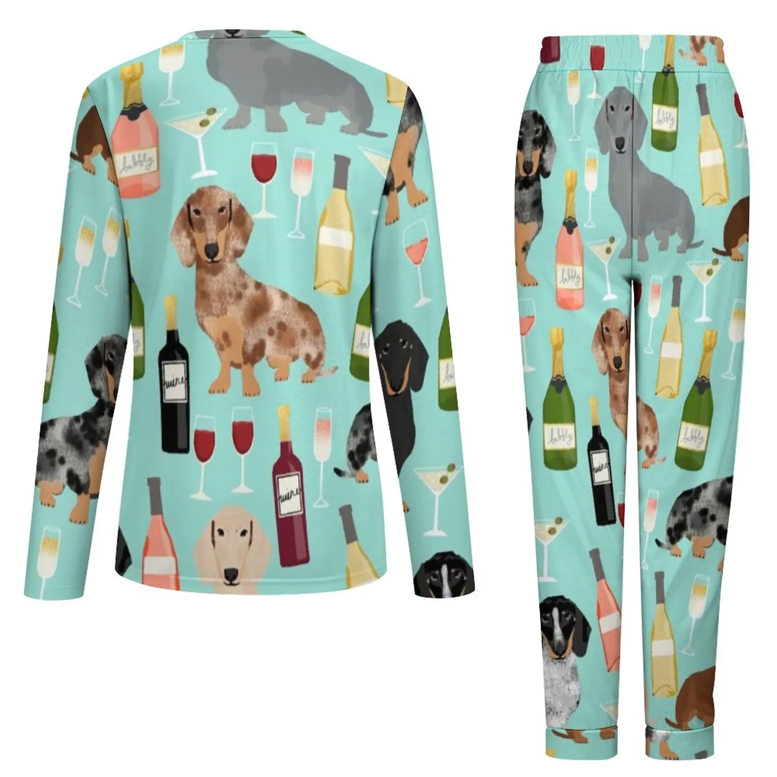 Dachshund Wine Pajamas Champagne Cocktails Room Oversized Sleepwear Women Pajama Set Hot Sale Long Sleeve Lovely Home Suit