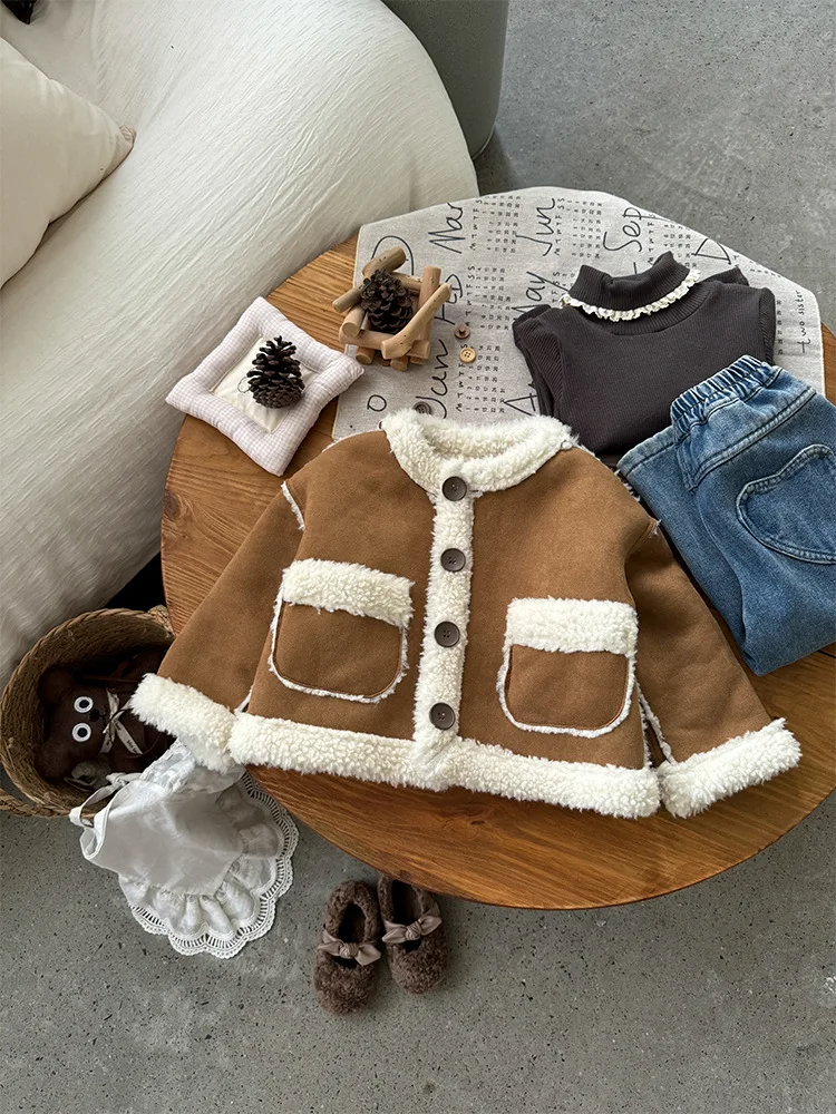 2024 Winter New Children Warm Shearling Coat Plus Velvet Thick Girls Fleece Zipper Coat Solid Baby Padded Jacket Kids Clothes