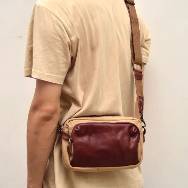 Сумка на одно плечо оригинального и нишевого дизайна, мужской рюкзак в стиле ретро, модный полотняно- и кожаный горизонтальный рюкзак.