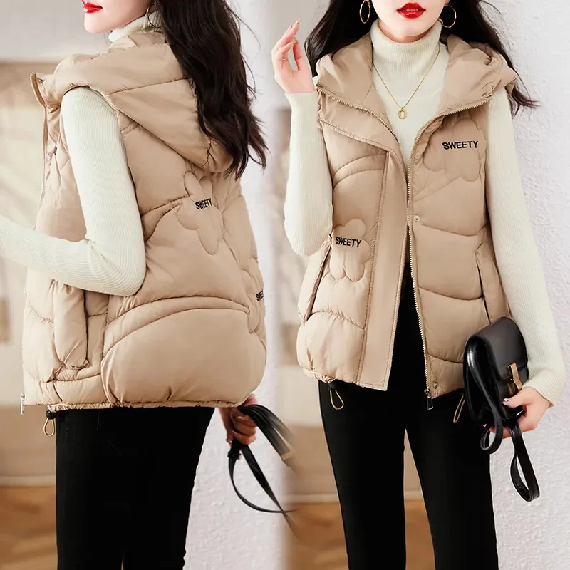 

Autumn Winter2024New Down Cotton Waistcoat Jacket Ladies Hooded Fashion Vest Coat Women Cotton-Padded Jacket Sleeveless Top Tide