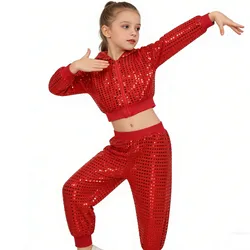 Bambini ragazzi ragazze Hip-hop Jazz Dance Performance Costume Street Dancing Dress paillettes lucide top con cappuccio a maniche lunghe con Set di pantaloni