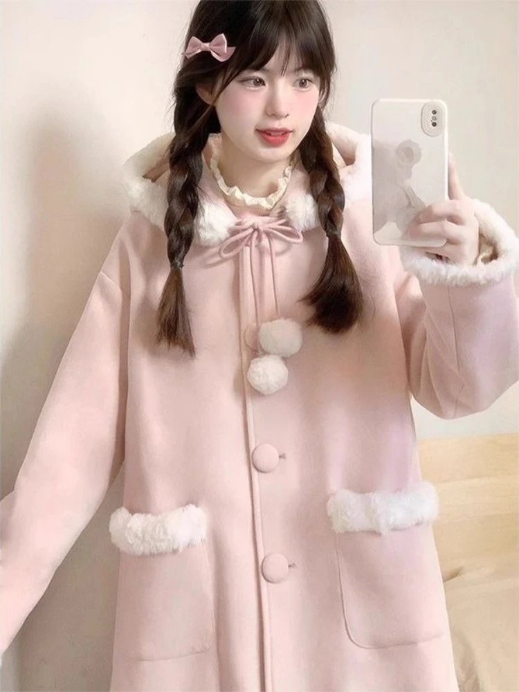 

Sweet Kawaii Pink Hooded Coat Women Japanese Chic Elegant Design Thickened Loose Overcoat Autumn Winter Woolen Clothing 2025 New