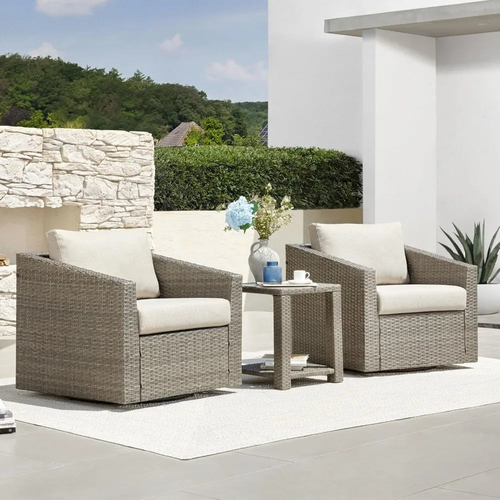 

Outdoor Furniture Set with 2 Pieces Rattan Swivel Chairs, Thickened Cushions and Side Table, Beige Cushions with Grey Wicker