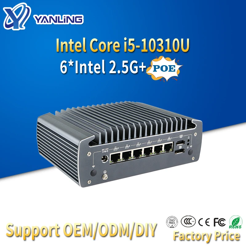 Yanling Intel Core 10th Gen i5 10310U 6 Port Mini PC 2.5G Gigabit LAN 2 RS232 6USB pfSense Firewall Router with POE