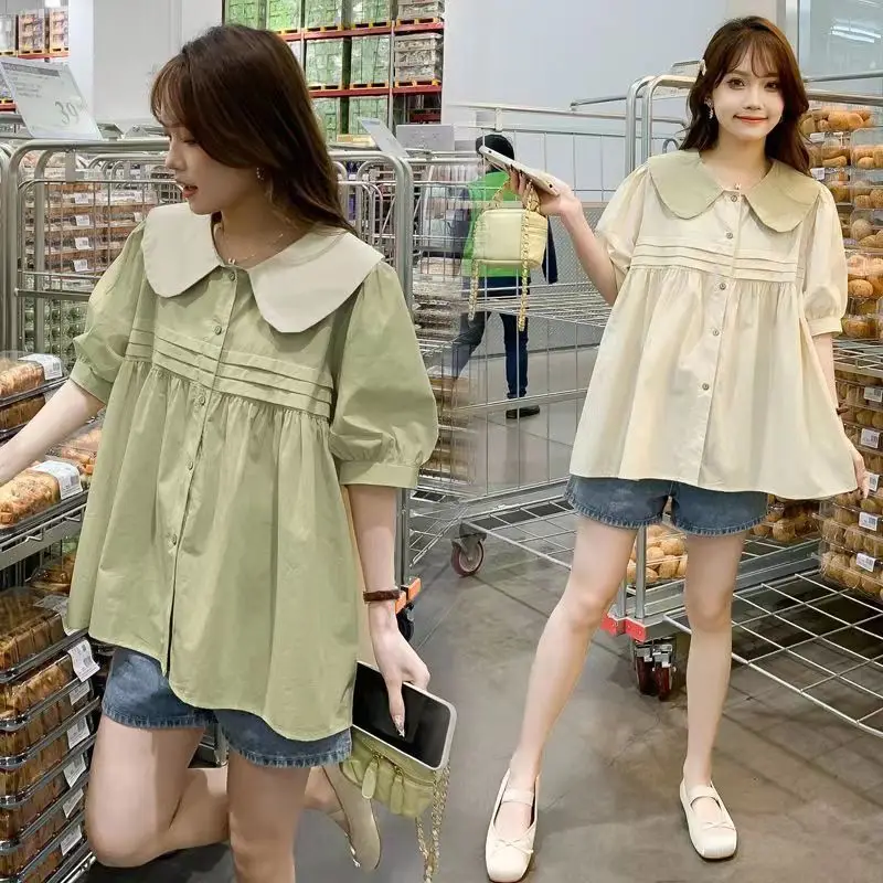 الحلو بيتر بان طوق تقسم طيات فانوس كم قمصان الملابس النسائية 2025 صيف جديد فضفاض الكورية بلايز كل مباراة البلوزات #5