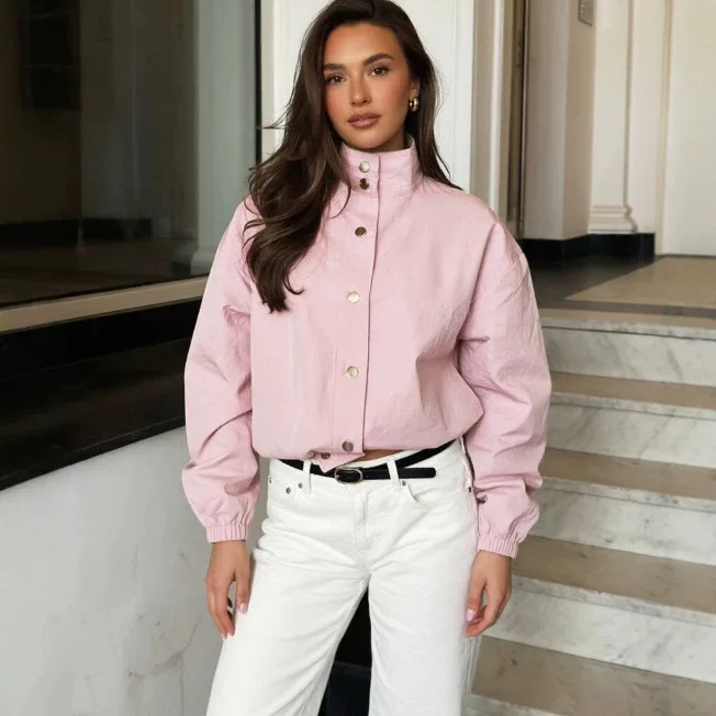 Light Pink Stand Collar Bomber Jacket Metal Snap Buttons Drop Shoulder Elastic Cuff Cropped Casual Spring Street Outerwear