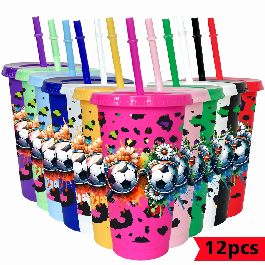 

12Pcs/pack football flower pattern 26oz colored plastic cold cup birthday/back-to-school season party drink cup coffee