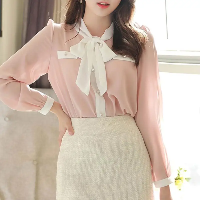 Chiffon Shirt Women\'s Pullover Spring and Autumn New Style Bow Tie Tie Small Shirt Loose Long Sleeved Top