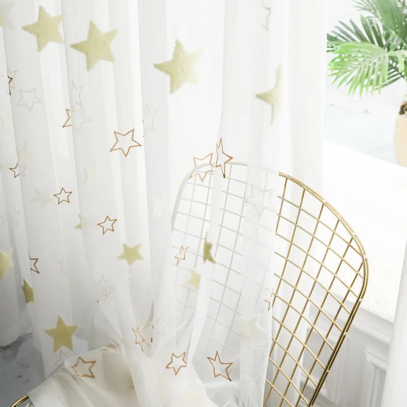 Luxury Cartoon Nordic Stars Translucent Embroidery Children's Bedroom Balcony White Gauze Curtain Custom Size Elegant Decor