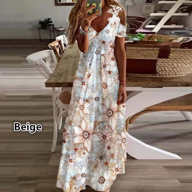 

Line Long Dress Ladies Casual Loose V-Neck Beach Party dress Vestidos Women Floral Print Maxi Dress Boho Lace Sling Hollow Out A