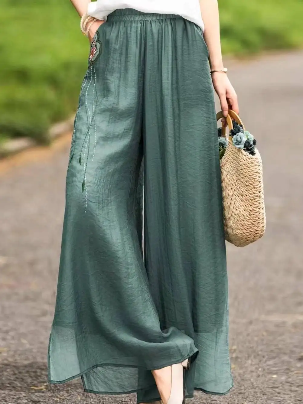 Retro Japanese Style Summer Thin Cotton Linen Wide Leg Pants Skirt Women High Waist Draping Elegant Double Layer Nine Points ...