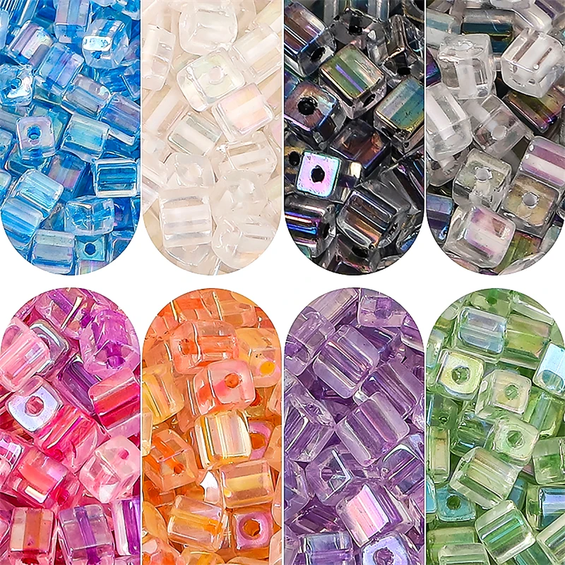 50pcs Multicolor Dye Core Glass Square Shape Seed Beads 5mm Spacer Loose Cube Beads For Jewelry Making DIY Bracelets Accessories