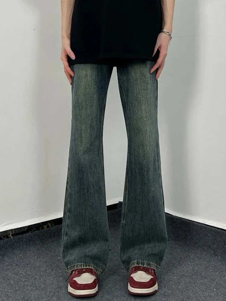 

American Retro Blue Denim Jeans Men's Cleanfit Casual Straight Leg Micro Flared Pants High Waist Cotton Polyester Blend