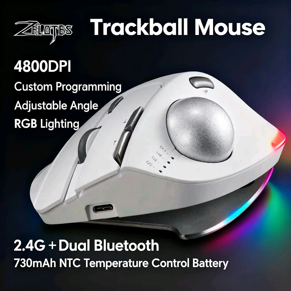 

Zelotes F33 Programming Trackball Mouse Dual Bluetooth Rechargeable 4800 DPI Adjustable Angle 2.4G Wireless Mouse With Backlight