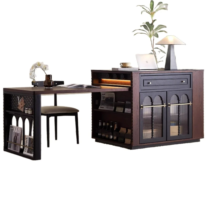 

American retro solid wood dining table island French multi-functional retractable medium and ancient style small apartment