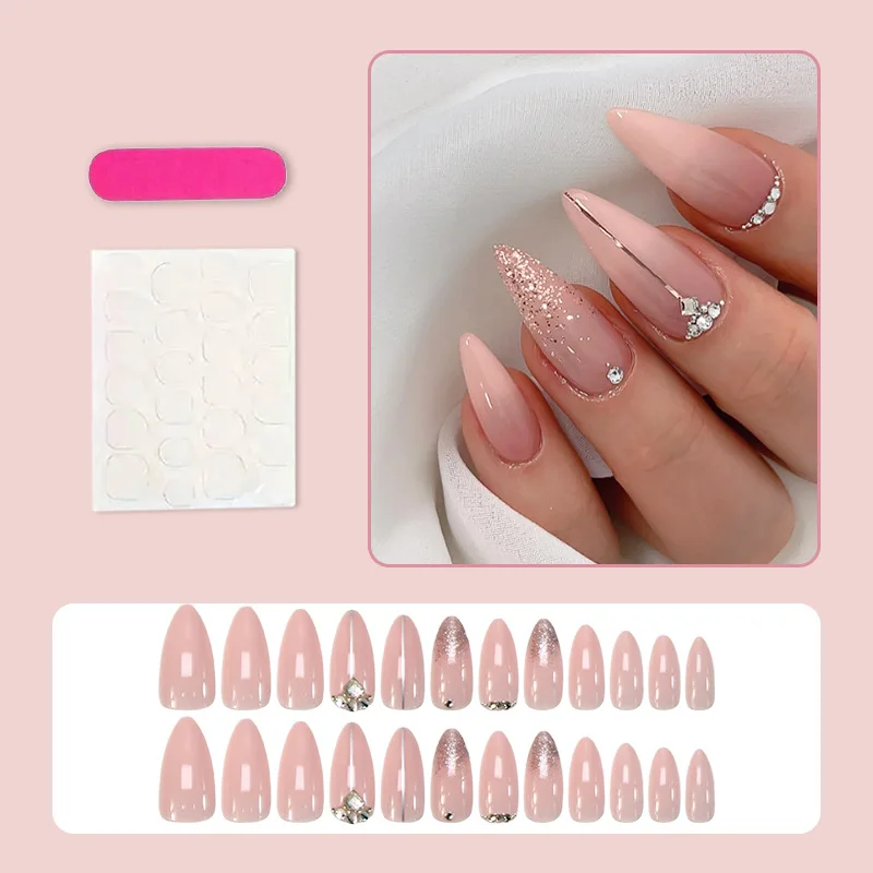 24Pcs False Nails Light Luxury Instagram-Style Almond-Shaped Diamond Press-On Nails—Perfect As A Gift for Girls and Friends