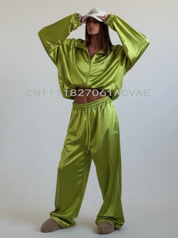 

Women's Solid Shiny Zipper Jacket Set Casual Lapel Loose Cropped Jackets Wide-leg Pants Sets 2026 Lady Daily Highstreet Outfits